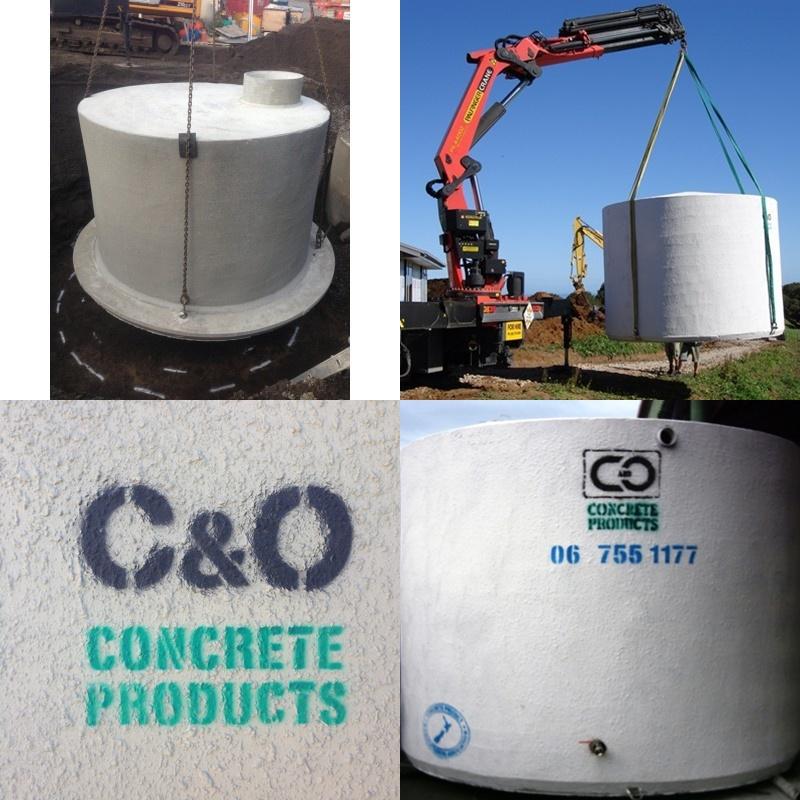 Concrete water tanks being installed and delivered, stamped with the C&O Concrete Products logo